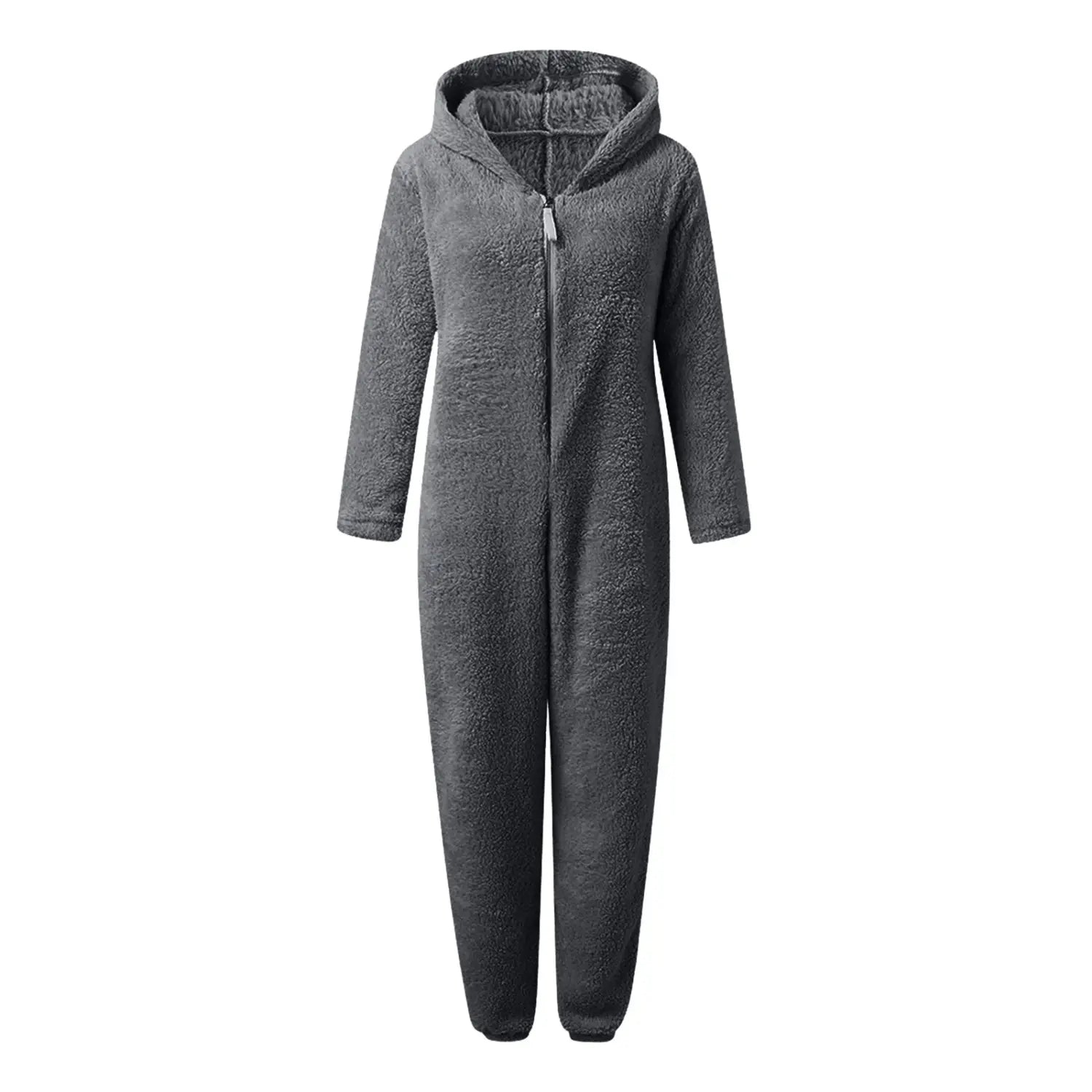 Enterizo de forro polar suave gris con orejas de gato, mangas largas y un cierre de longitud completa, diseñado como un pijama tipo mono.