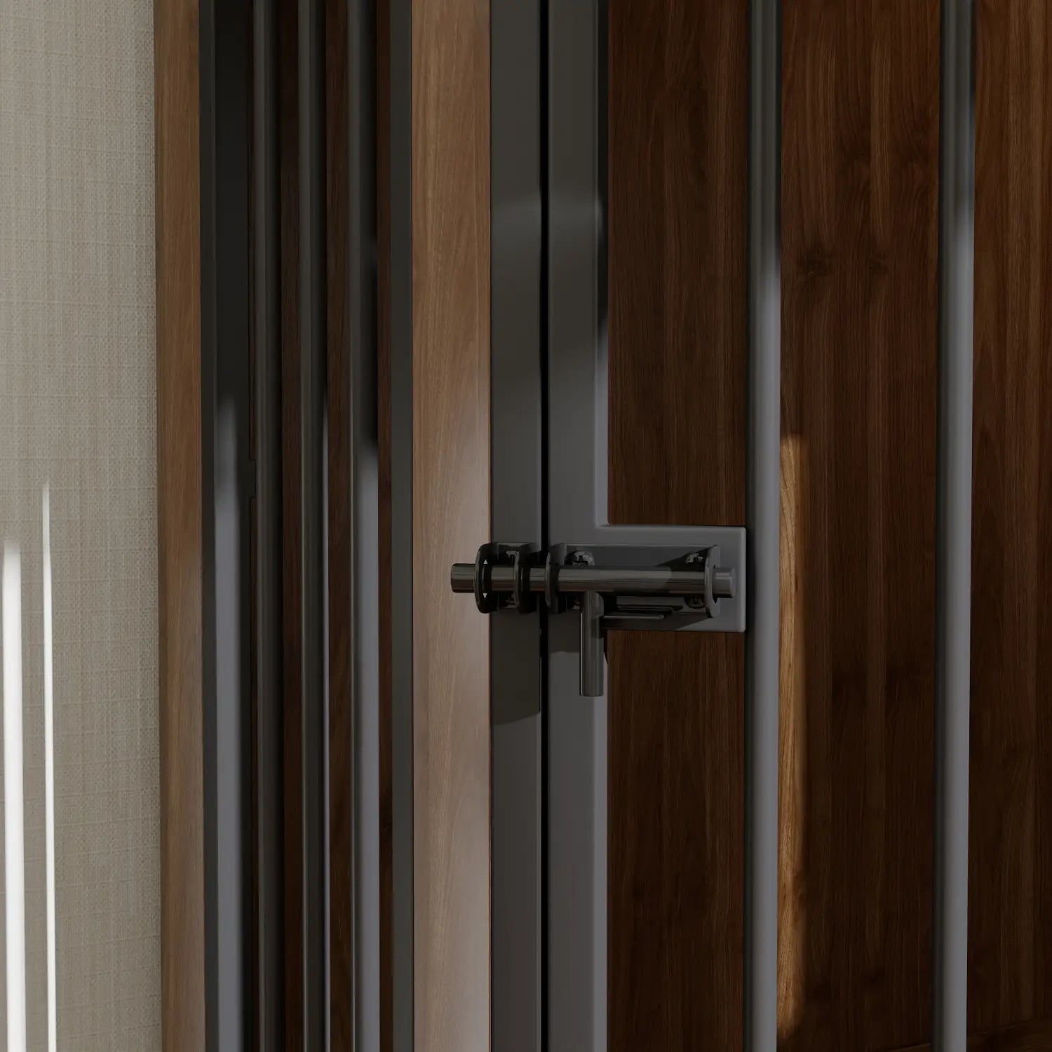 a sleek modern metallic door latch with a matte black handle and silver hardware on the corner dog crate furniture with a fluted storage drawer against dark wood paneling