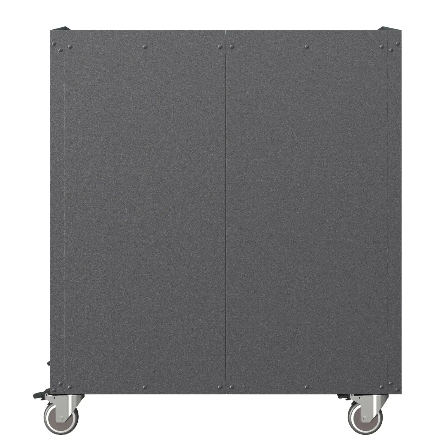 Dark gray textured metal tool storage cabinet with two doors and four caster wheels designed for mobile workshop organization.