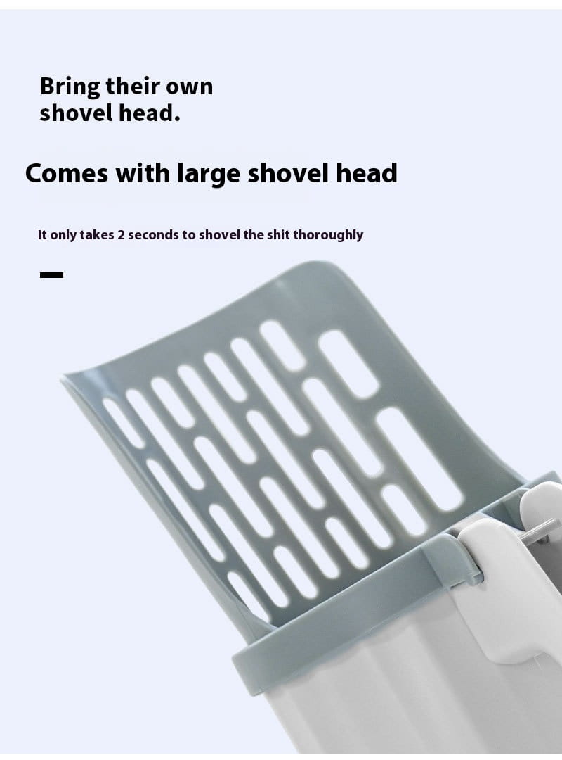 Gray plastic integrated cat litter scoop with a large slotted shovel head designed for efficient litter and trash removal.