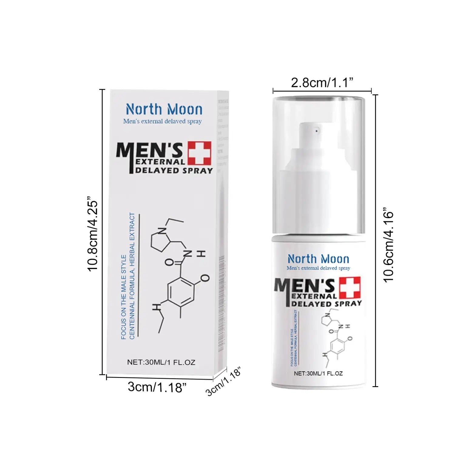 North Moon Herren-Verzögerungsspray nach außen für Ausdauer und Sensibilität in einer eleganten weißen und transparenten Sprühflasche zu 30 ml, mit passender Umverpackung, die chemische Diagramme zeigt.