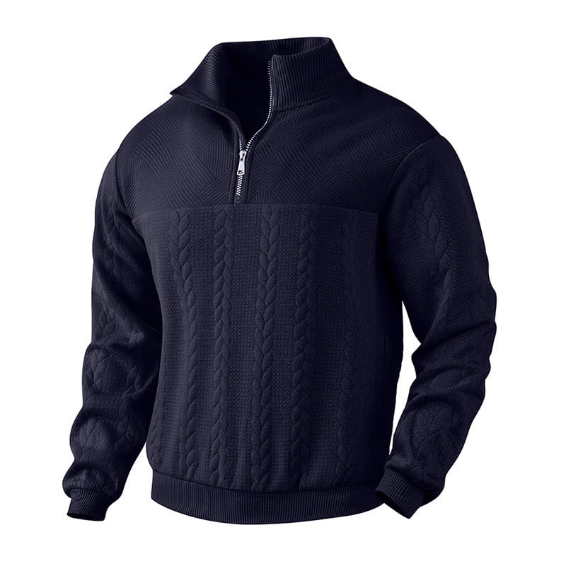 Veste de sweat-shirt en maille torsadée noire pour homme à demi-fermeture éclair, dotée d’un col et de poignets côtelés, fabriquée dans une matière chaude