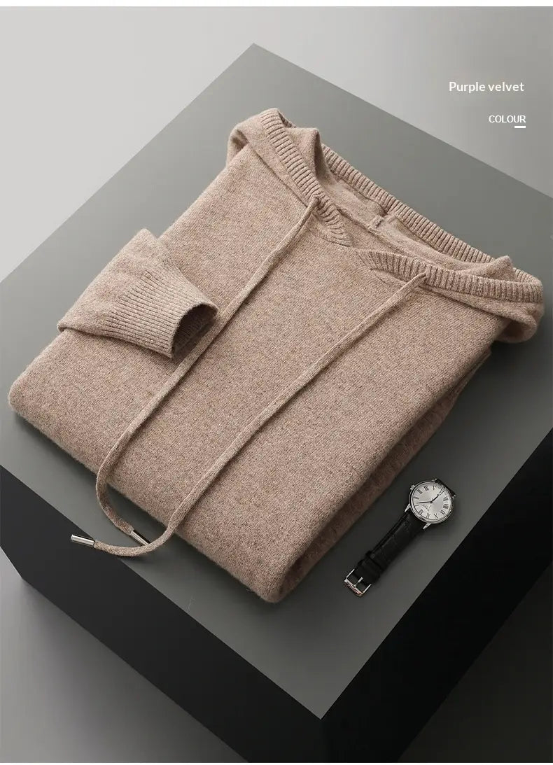 Sudadera con capucha de cachemir lila apagado, suave, para hombre, con puños y bajo acanalados, diseñada como jersey holgado de invierno.