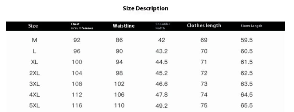 Größenbeschreibungstabelle für Herren gestreiftes Slim-Fit-Langarm-Freizeithemd mit Maßangaben in Zentimetern für die Größen M bis 5XL.