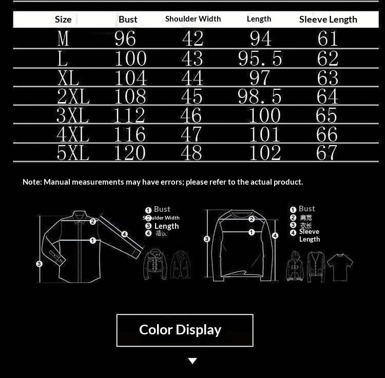 Size chart for a men’s woolen trench coat dark gray business overcoat showing long-sleeved shirt measurements in centimeters from size m to 5xl.