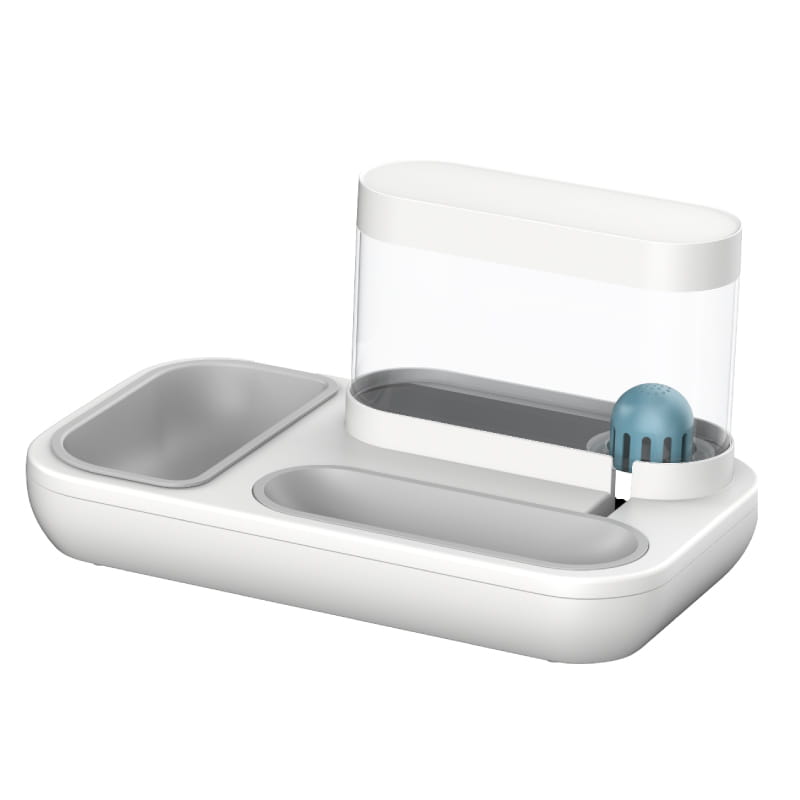 Automatic pet feeder and water dispenser double bowl in white and gray with a transparent water reservoir and a blue ball-shaped dispenser mechanism