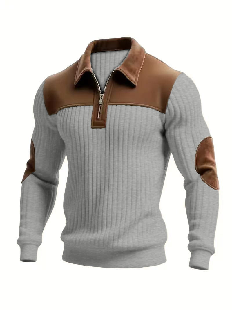 Men’s ribbed patchwork half zip knit sweater in gray with brown suede collar shoulder panels and elbow patches.
