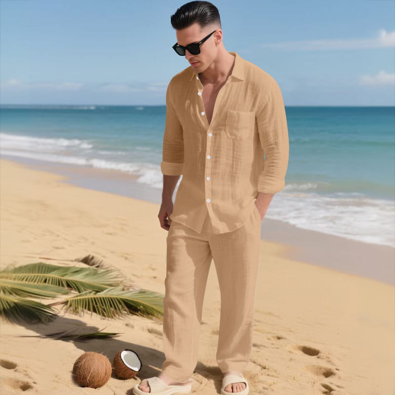 beige linen button-down shirt with rolled sleeves and a chest pocket from men linen long sleeve shirt pants set.