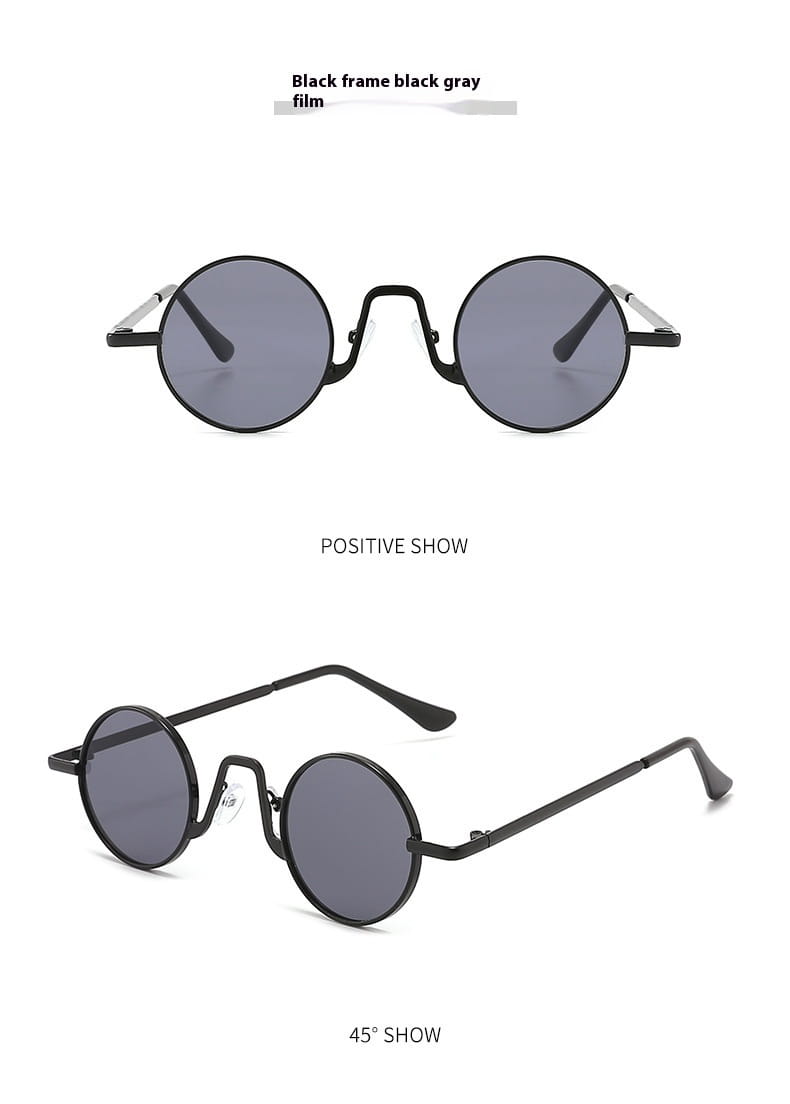 Black retro round hip hop sunglasses with dark gray mirrored lenses and sleek metal arms.