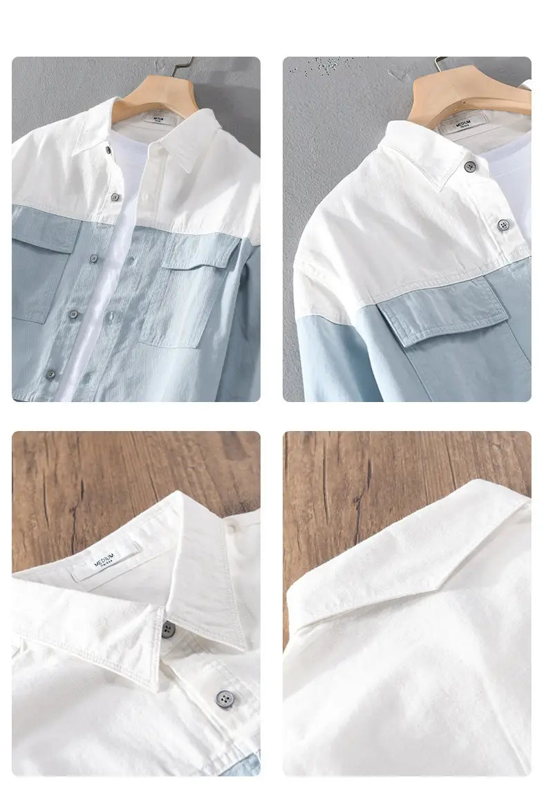 Farbblockartiges Langarm-Casualhemd aus Baumwolle mit zweifarbigem Denim- und Weiß-Design, hellblauen Brusttaschen, silbernen Knöpfen und klassischem Kragen.