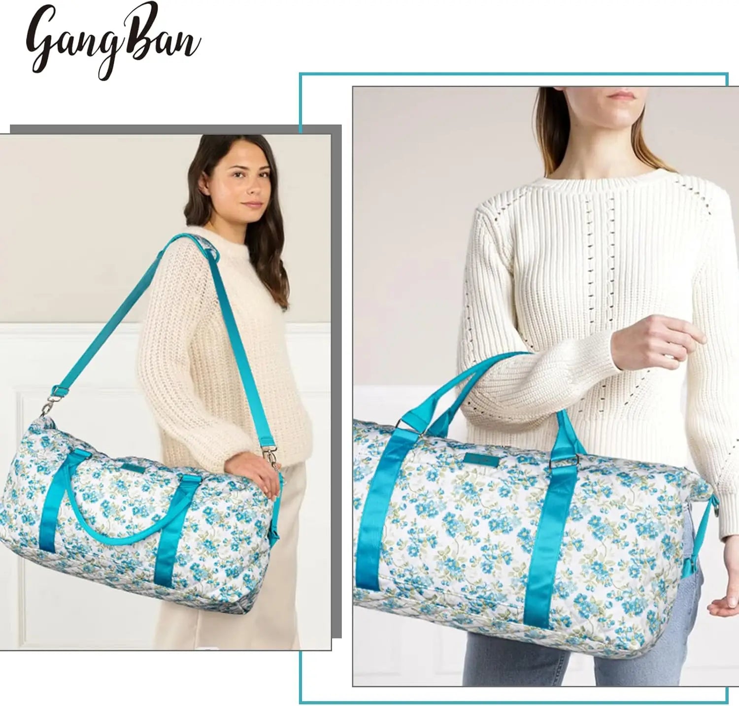 un sac de voyage pour femmes à fleurs, avec un tissu matelassé « gangban » à motifs floraux vert-bleu et blanc, des sangles satinées assorties et une trousse de toilette.