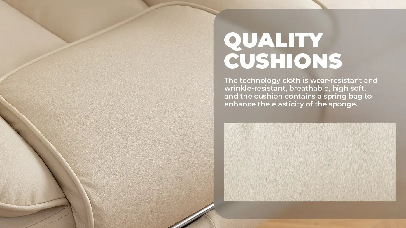 Coussin d’aspect cuir beige avec surface texturée et bords cousus, pour une chaise de bureau de direction en cuir grande et haute avec repose-pieds.
