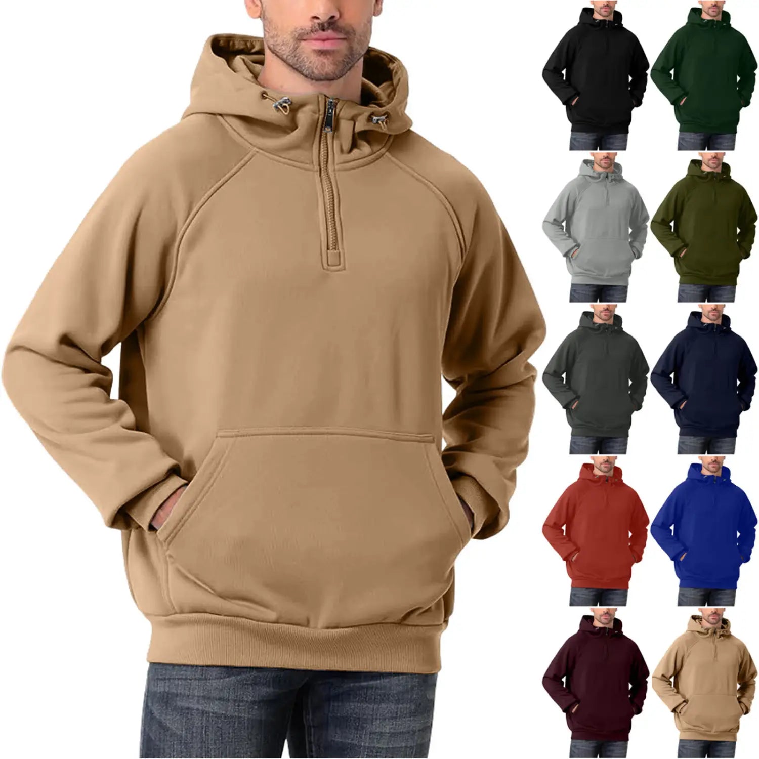 Herren-Casual-Tan-Fleece-Hoodie mit angesetzter Kapuze und Halbreißverschluss-Front-Pullover-Design