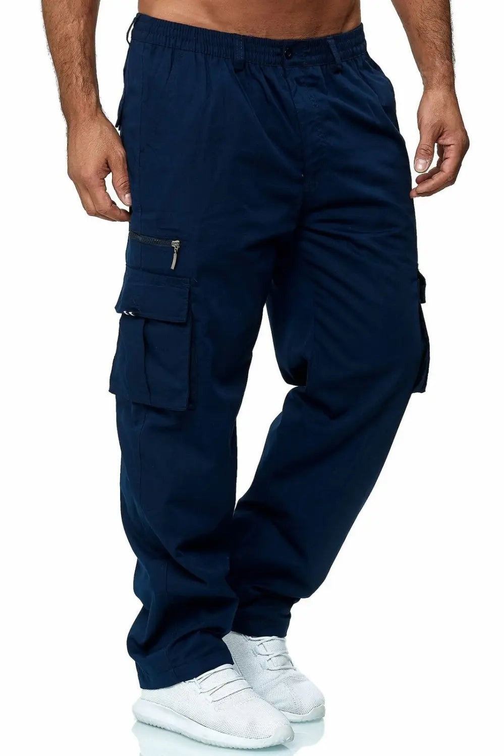 Men’s loose dark navy blue cargo pants with multiple pockets and an elastic waistband.