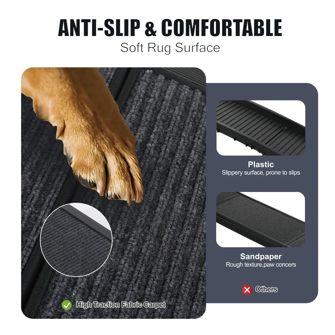 Tapis antidérapant noir pour chien avec surface en tissu souple à haute adhérence, conçu pour le confort et la sécurité, présenté sur une rampe portative pour chien, pour voiture, SUV et camion, 113 kg (250 lb).