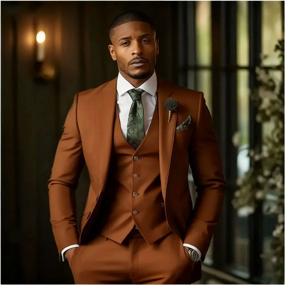 Men slim fit three piece suit in sharply tailored rust color with matching vest and trousers complemented by a patterned green tie and coordinating pocket square