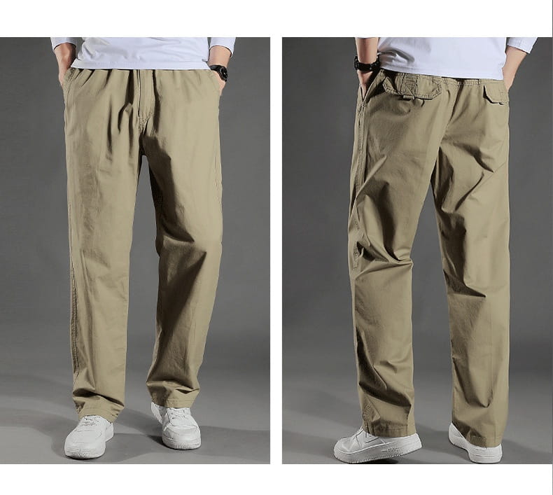 Men’s Japanese style cotton straight leg workwear pants in khaki with a relaxed fit, multiple cargo pockets, and a drawstring waistband.