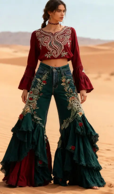 Smaragdfarbene, bestickte Retro-Denim-Hosen mit hoher Taille und ausgestellten Beinen mit geschichteten Volants, kombiniert mit einem maronfarben bestickten Cropped-Top.