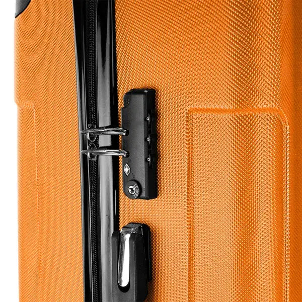 Orange hard-shell suitcase with black zipper and combination lock from the 3-in-1 lightweight abs hard shell trolley suitcase set.