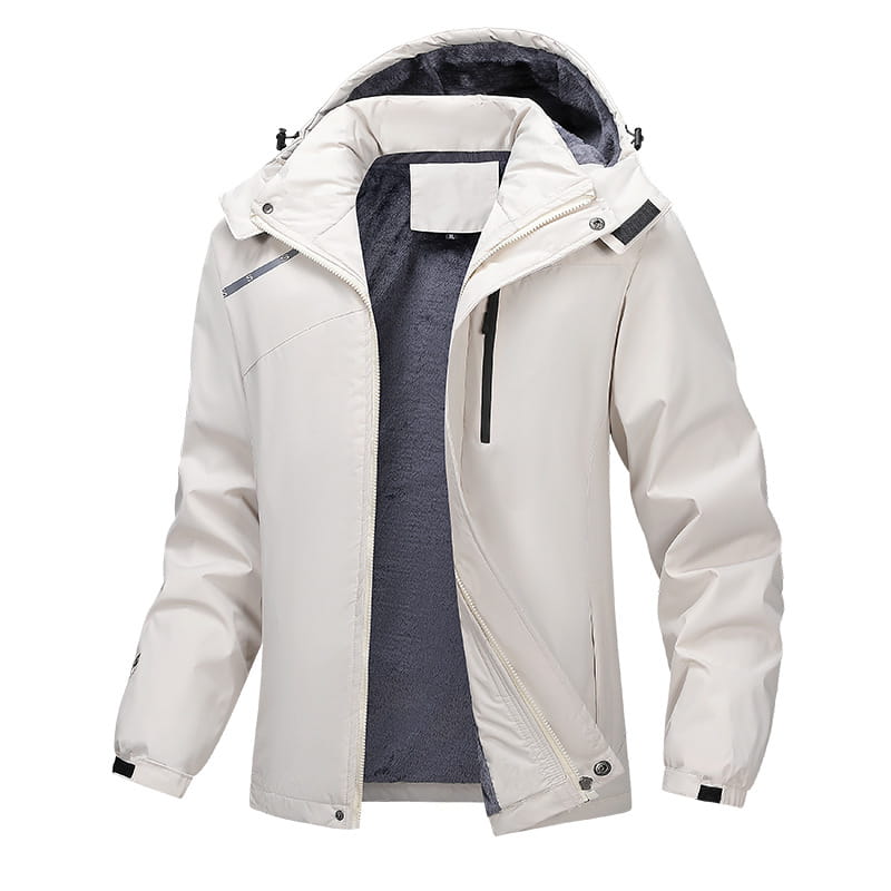 Men plus size warm winter hooded jacket in off-white waterproof material with detachable hood lined in dark gray fleece and black zipper accents.
