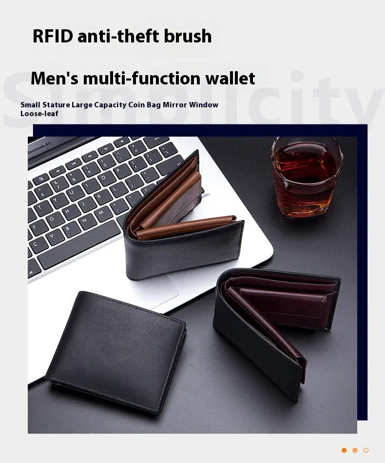 Black leather men’s genuine leather bifold wallet with rfid anti-theft feature, multi-function design, coin pocket, and mirror window.