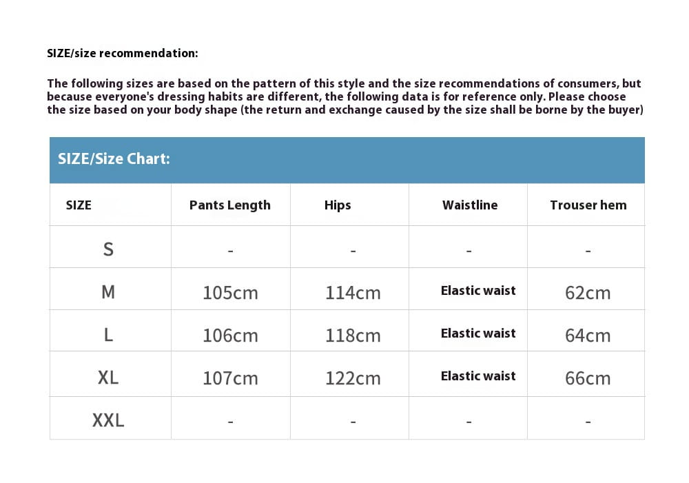 Size chart for camouflage cargo pants wide leg tactical trousers featuring elastic waist and measurements for varying lengths, hips, and hems across sizes S to XXL.