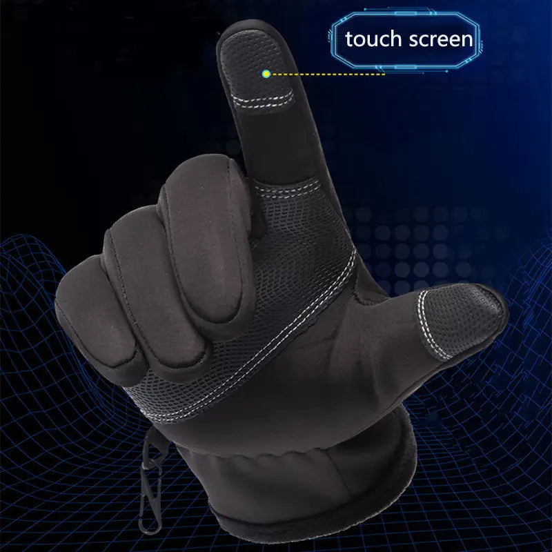 Black waterproof touchscreen winter cycling glove showing the back side with reinforced fingertips and mesh panels for enhanced grip.