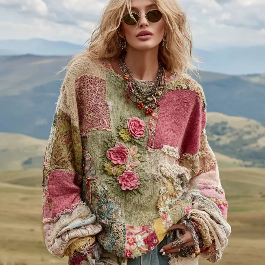 Patchwork-Blumensweater im Retro-Stil, Damen-Pullover, mit einem Strickdesign in erdigen Tönen, bestickt mit rosa Rosen und Details aus Spitze.