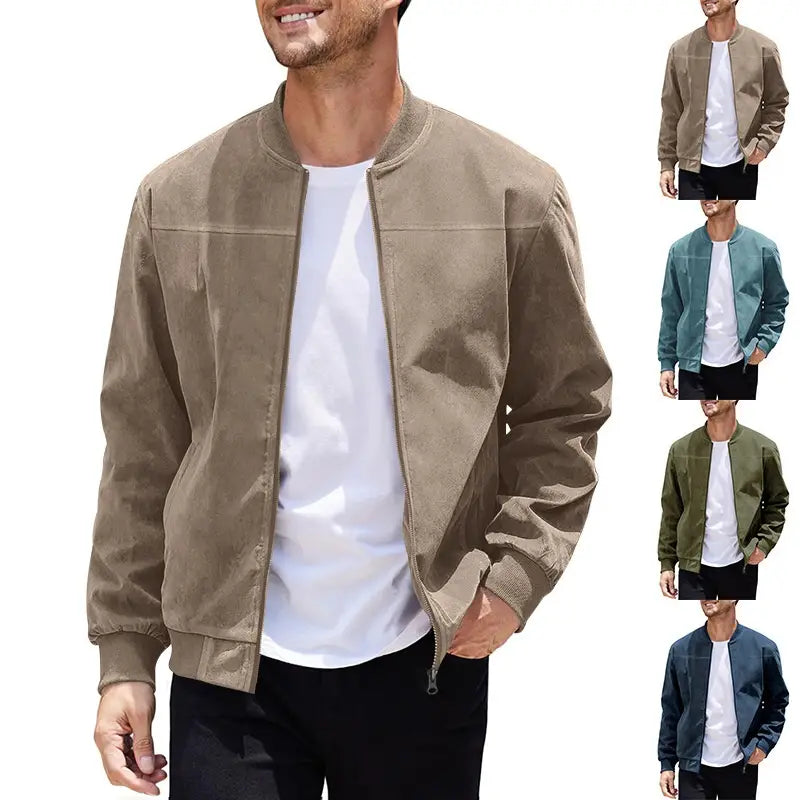 Men suede casual retro jacket in tan suede with a classic zip-front design and ribbed cuffs.