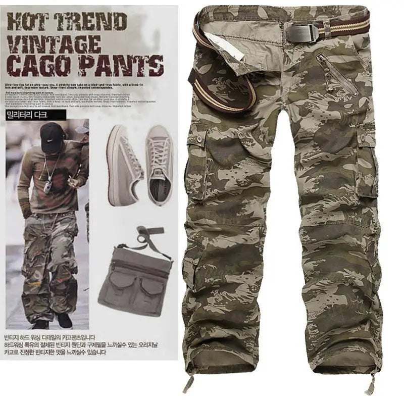 Camouflage cargo trousers for men featuring multiple pockets and a belt designed for durability and outdoor use.