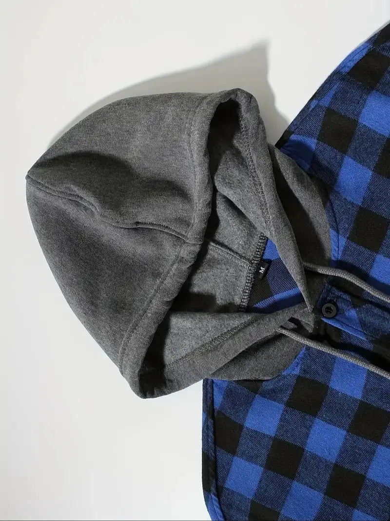 men’s plaid hooded flannel shirt featuring a gray hooded sweatshirt layered over a blue and black plaid flannel shirt.