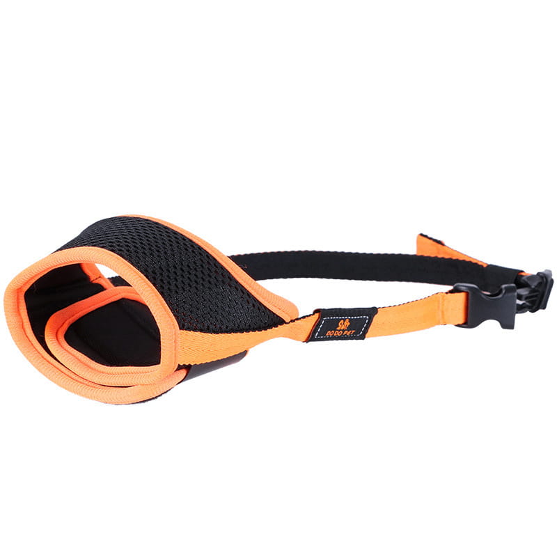Orange and black mesh dog muzzle with adjustable strap designed for large dogs shown from the back side