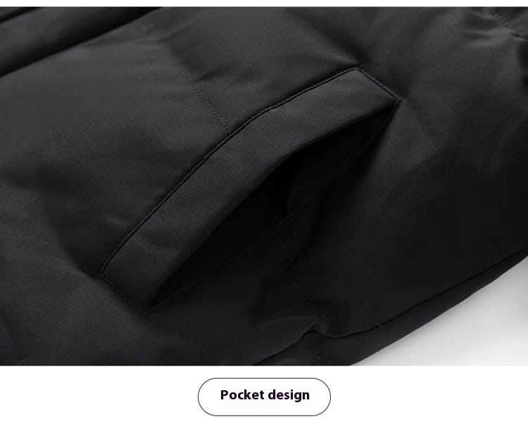 Men’s fleece hooded quilted puffer jacket in black nylon featuring a pocket with neat stitching and subtle seam detail.