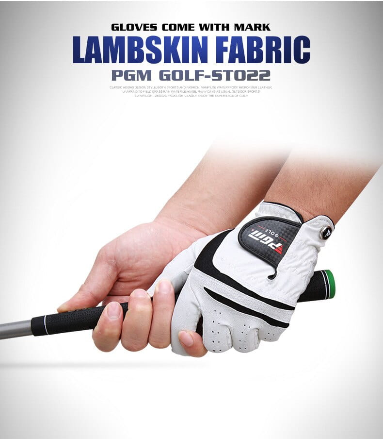 Men genuine leather breathable golf glove in white and black lambskin with perforated fingers branded PGM golf-st022 shown from the back side.