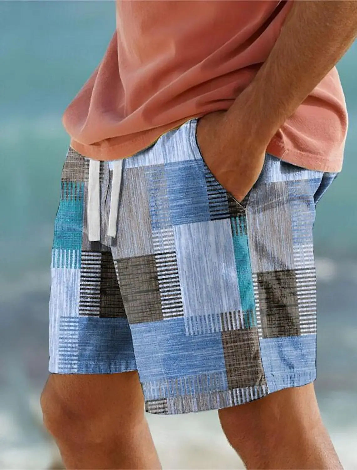 Men’s patchwork houndstooth streetwear casual shorts in blue and gray featuring a textured woven fabric design.