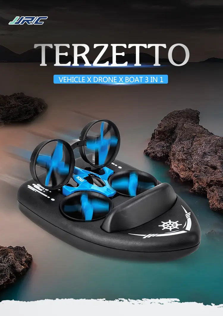 Dron planeador volador RC Terzetto 3 en 1 de color negro y azul, juguete con sistema de despegue y aterrizaje en el aire y desplazamiento en tierra y agua, con hélices luminosas, diseñado para un uso versátil como dron vehículo y como lancha.