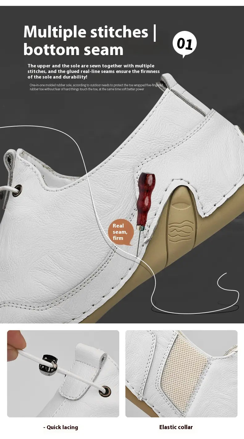 Chaussures de sport décontractées à enfiler pour homme en cuir véritable blanc, avec une semelle en caoutchouc beige, un col élastique et plusieurs coutures le long de la couture inférieure.