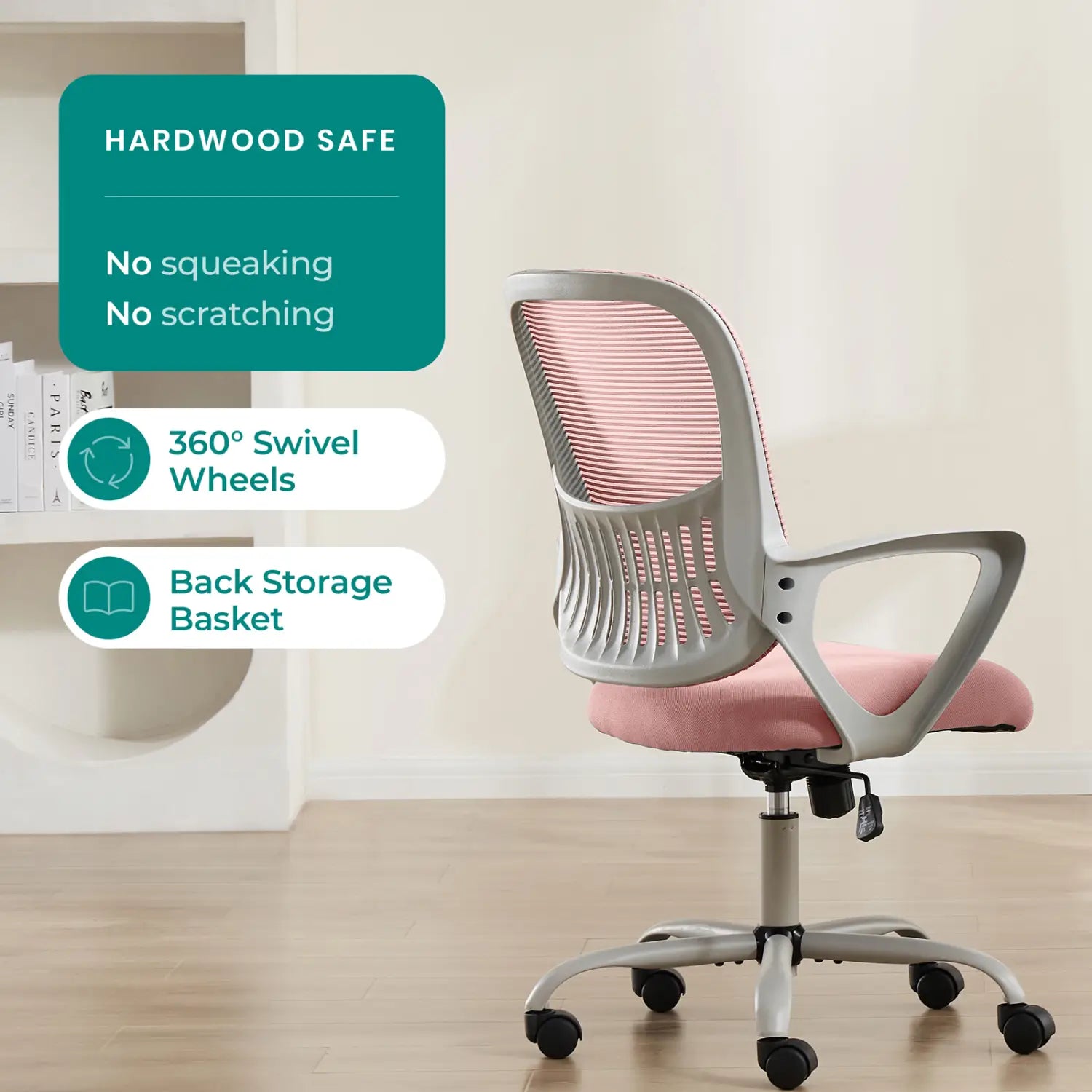 Chaise de dessin ergonomique à hauteur élevée, tabouret pour bureau debout, avec assise rembourrée rose, dossier en maille grise, accoudoirs, roulettes pivotantes à 360° et panier de rangement intégré.