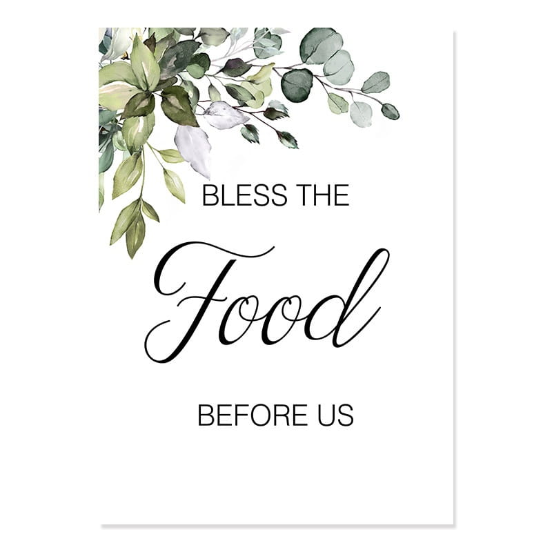 A white rectangular wall art sign featuring elegant black cursive text bless the food before us and a green eucalyptus leaf illustration from the Eucalyptus Botanical Love and Bless Wall Art Set.