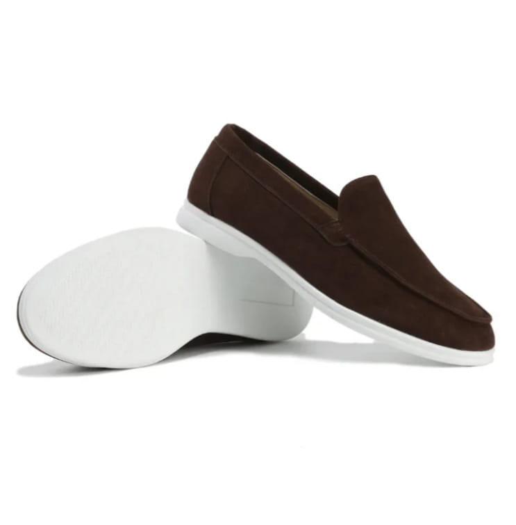 brown suede loafers with a white rubber sole designed as men’s suede summer loafers flat casual slip on shoes.