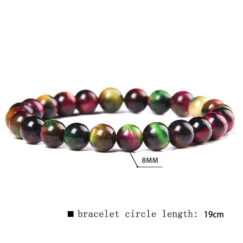 Men’s 8mm natural tiger eye and gemstone bead bracelet featuring colorful round beads with a smooth polished surface showcasing swirling patterns of green red and yellow.