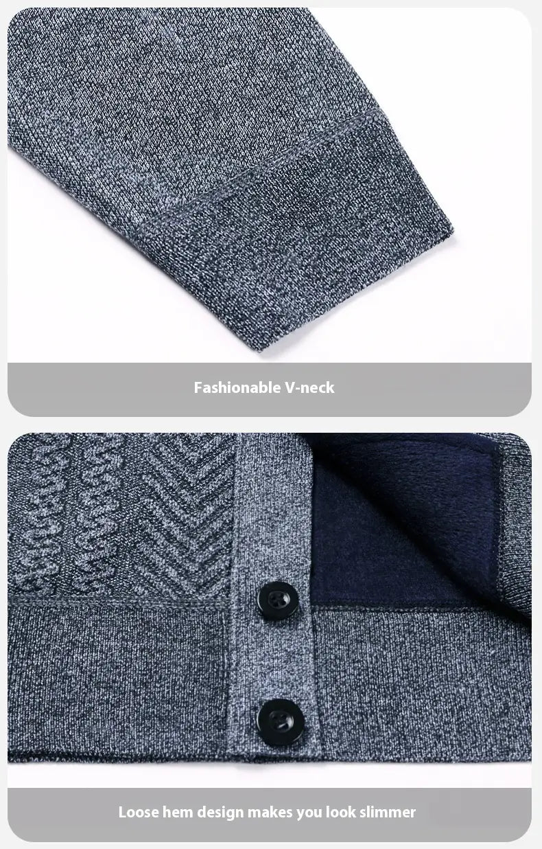 Herren-gestreifter Strickcardigan aus strukturiertem grauem Strick mit V-Ausschnitt, schwarzen Knöpfen und lockerem Saum.