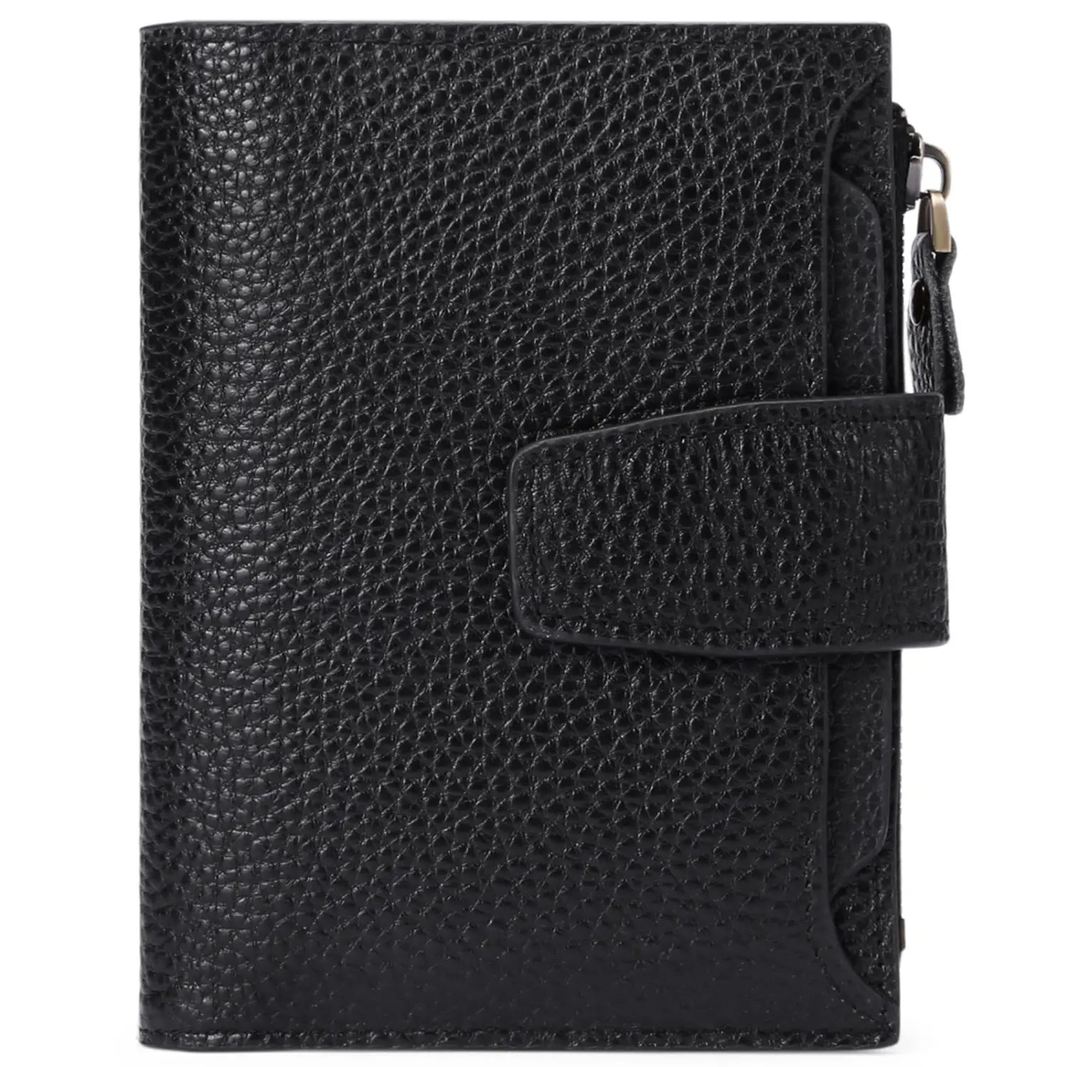Black pebbled leather RFID wallet with flap closure and silver-toned zipper featuring anti theft design.