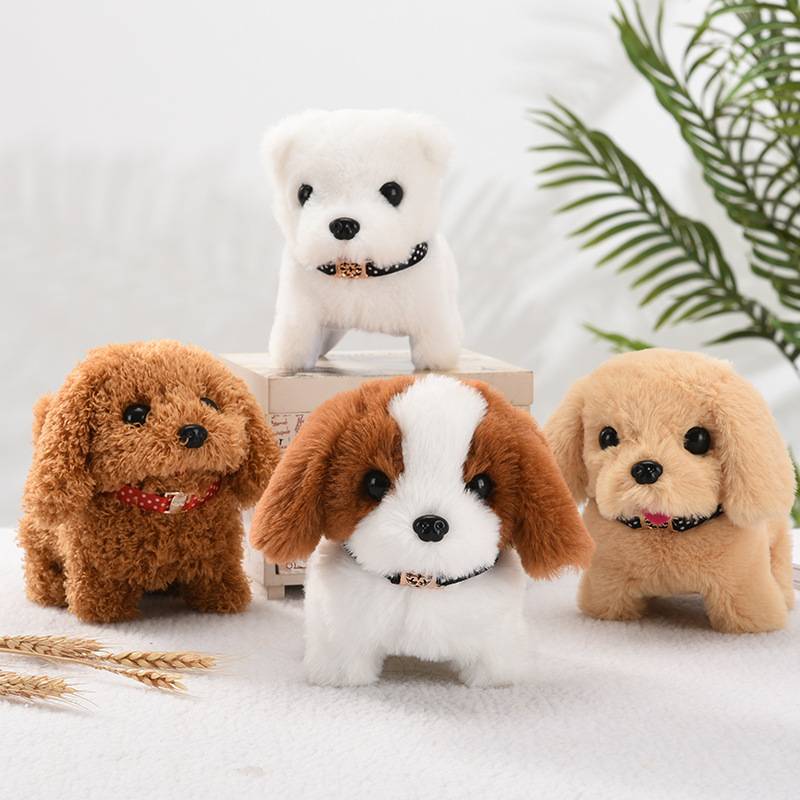 Drei interaktive elektrische Plüsch-Hundespielzeuge für Kinder in den Farben Braun, Weiß und Beige mit weichem, flauschigem Fell und dekorativen Halsbändern