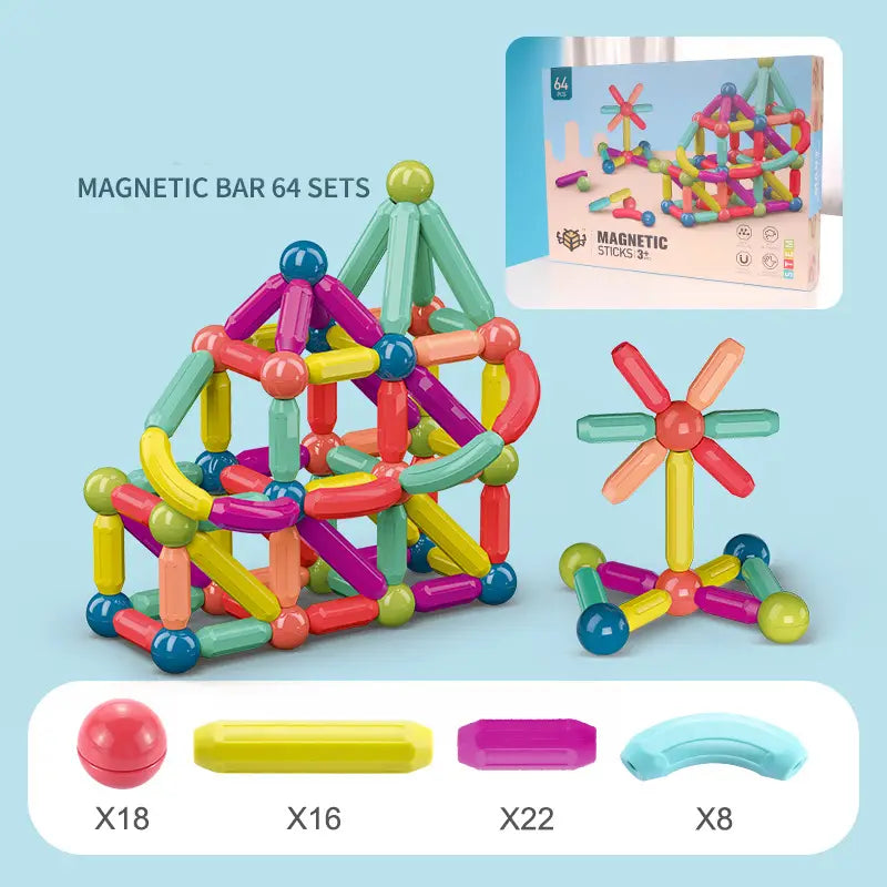 Conjunto de bloques magnéticos multicolor y vibrante para niños que incluye de 50 a 100 varillas y esferas de encastre en rosa, amarillo, morado, verde, naranja y azul.