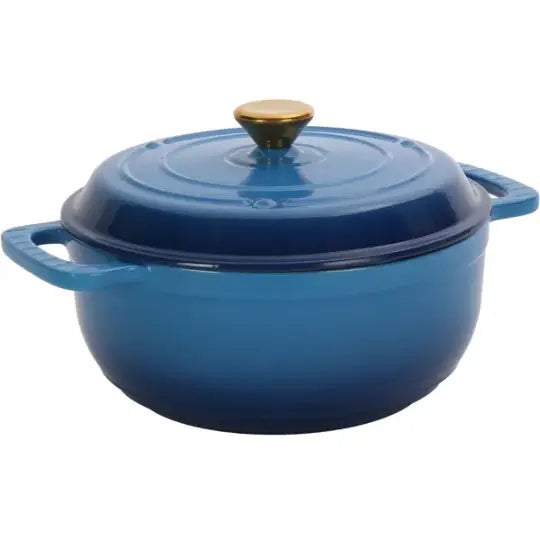 Blue enameled cast iron 6qt dutch oven with a gold-colored knob and two side handles shown with silicone gloves.
