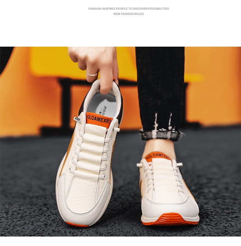Men’s casual sports sneakers in white and orange with breathable mesh uppers and non-slip rubber microfiber soles.