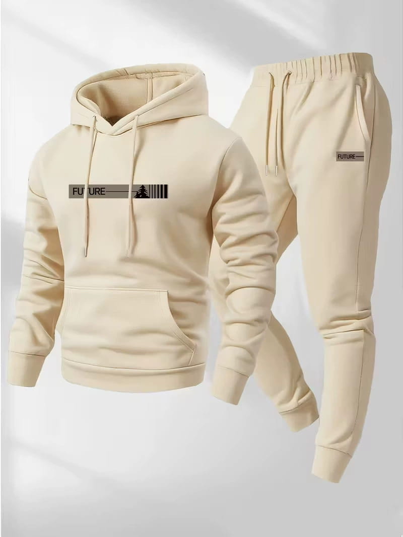 Cream-colored cotton fleece hoodie and jogger lounge set featuring a black future graphic on the chest.