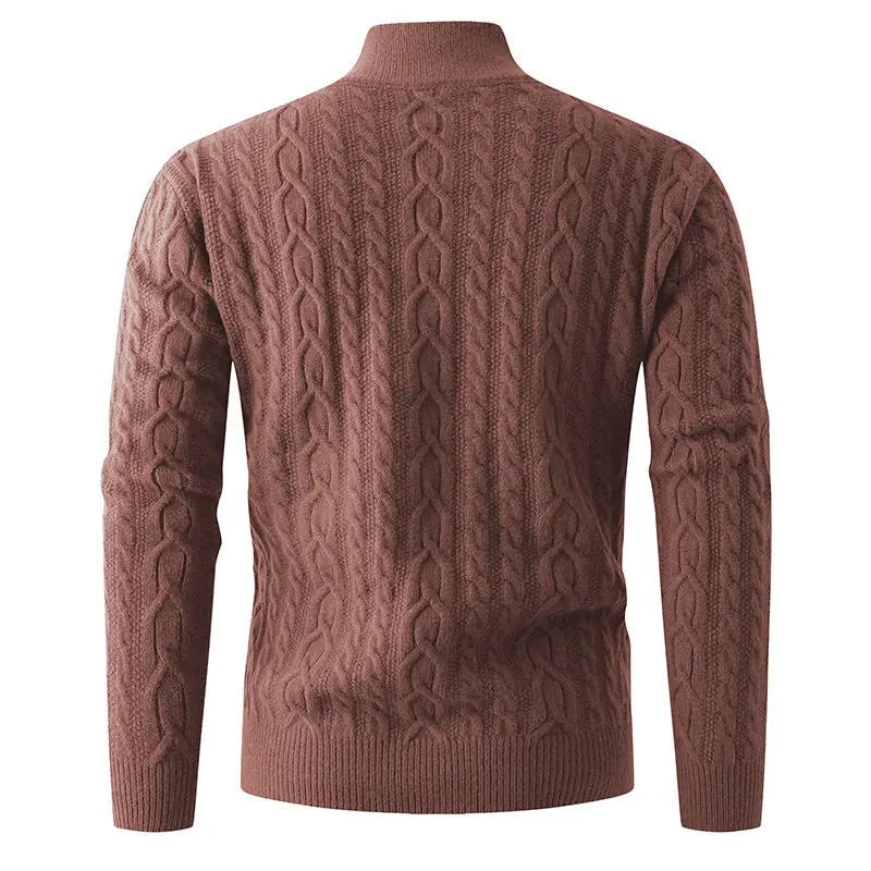 Men thick half zip cable knit sweater in rich brown featuring a textured interwoven pattern and a turtleneck design.