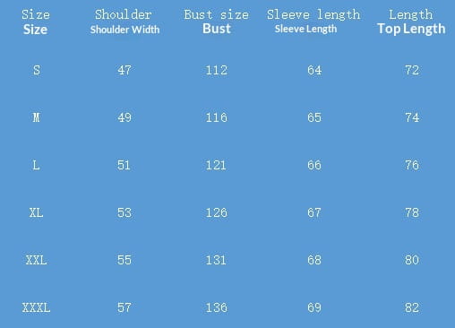 Blue size chart for a women’s top showing measurements in inches from size S to XXXL for the mens utility zip up workwear set.